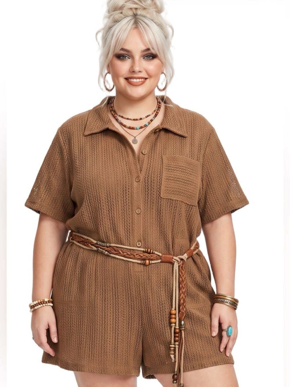 HEYSON Tan Brown Shortsleeve Button Front Oversize Romper Delicate crochet Lined
